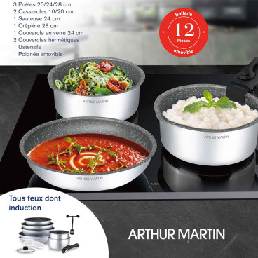 AM676S : Batterie de Cuisine 12 Pièces Arthur Martin en Aluminium avec Accessoires Tous Feux - Argent