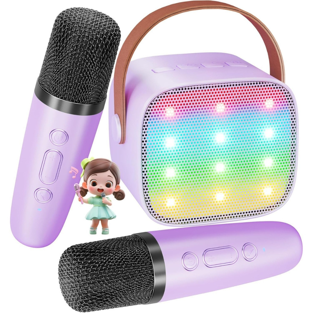 Kit de Karaoké Portable avec Enceinte LED et 2 Microphones Sans Fil Bluetooth avec Effets Sonores