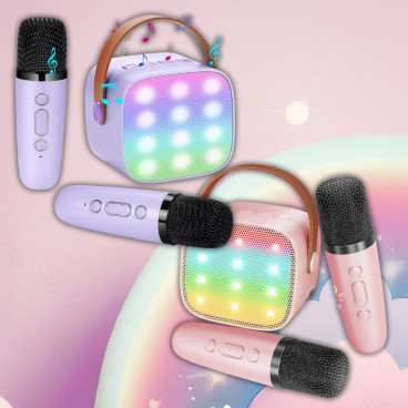 Kit de Karaoké Portable avec Enceinte LED et 2 Microphones Sans Fil Bluetooth avec Effets Sonores