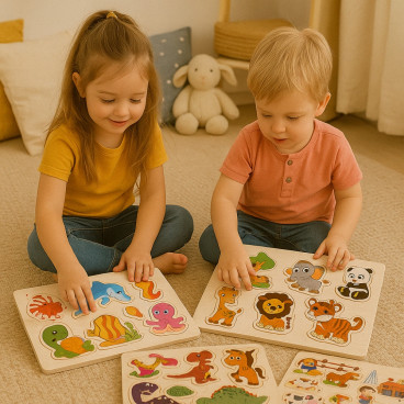 Pack De 4 Puzzles En Bois Jouet Éducatif Et Montessori Enfants Animaux, Zoo, Marin Et Dinosaures - Dès 2 Ans