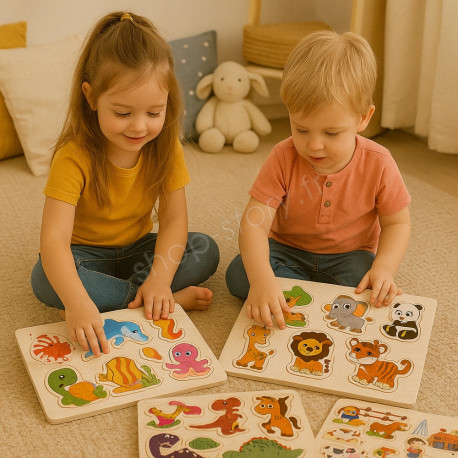 Pack De 4 Puzzles En Bois Jouet Éducatif Et Montessori Enfants Animaux, Zoo, Marin Et Dinosaures - Dès 2 Ans