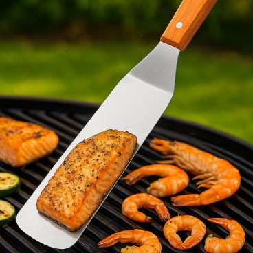 Spatule à Poisson et Fruits de Mer en Inox avec Manche Bois – 35 cm