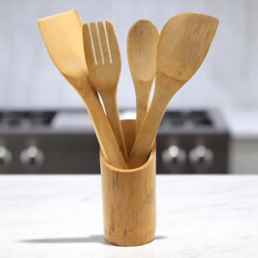 Lot d'Ustensiles de Cuisine en Bambou avec Pot