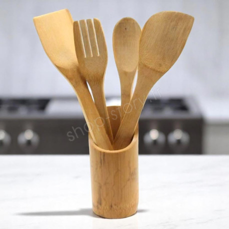 Lot d'Ustensiles de Cuisine en Bambou avec Pot