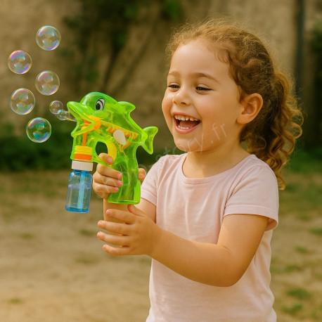 Pistolet à Bulles Dauphin en Plastique avec 2 Recharges Idéal pour Enfants Jeu d'Extérieur Bubble Gun