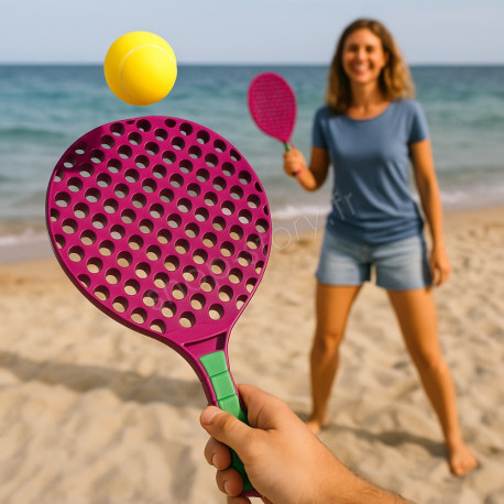 Set de Tennis de Plage 2 Raquettes en Plastique 50 cm avec 2 Balles en Mousse et Housse de Transport - Couleur Aléatoire