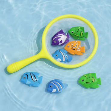 Jeu de Pêche pour Enfants avec Épuisette et 6 Poissons Colorés Idéal pour le Bain la Piscine ou les Jeux d'Eau en Extérieur