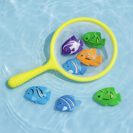 Jeu de Pêche pour Enfants avec Épuisette et 6 Poissons Colorés Idéal pour le Bain la Piscine ou les Jeux d'Eau en Extérieur