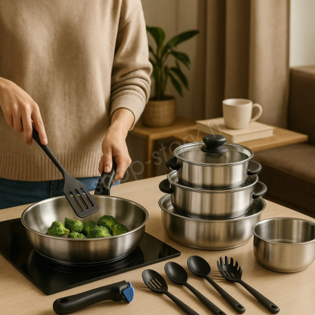 Batterie de Cuisine Arthur Martin 20 Pièces en Inox Tous Feux avec Ustensiles et Poignée Amovible