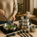 Batterie de Cuisine Arthur Martin 20 Pièces en Inox Tous Feux avec Ustensiles et Poignée Amovible