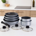 Batterie de Cuisine Arthur Martin 10 Pièces en Aluminium Tous Feux avec Poignée Amovible - Argent
