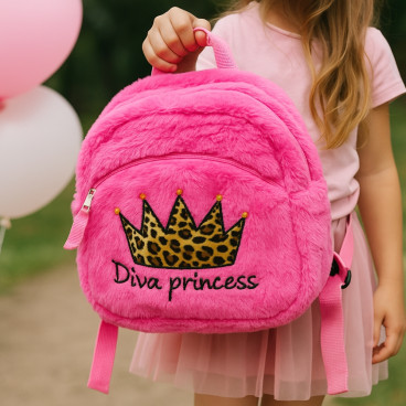 Sac à Dos Fille 27cm Rose Peluche Douce Modèle Diva Princess Idéal Maternelle et Sorties