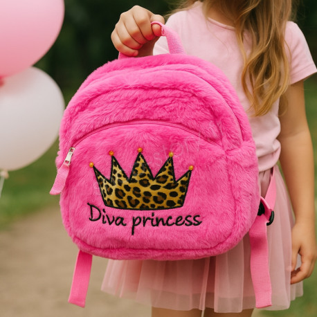 Sac à Dos Fille 27cm Rose Peluche Douce Modèle Diva Princess Idéal Maternelle et Sorties