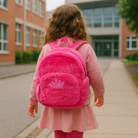 Sac à Dos Fille 27cm Rose Peluche Douce Modèle Couronne Princesse Idéal Maternelle et Sorties