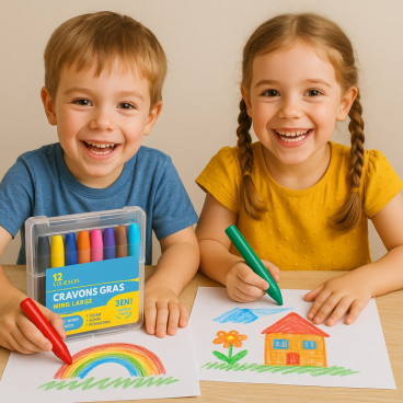 Boîte de 12 Crayons Gras Couleurs Assorties Mine Large pour Dessin Enfant École ou Activité Manuelle