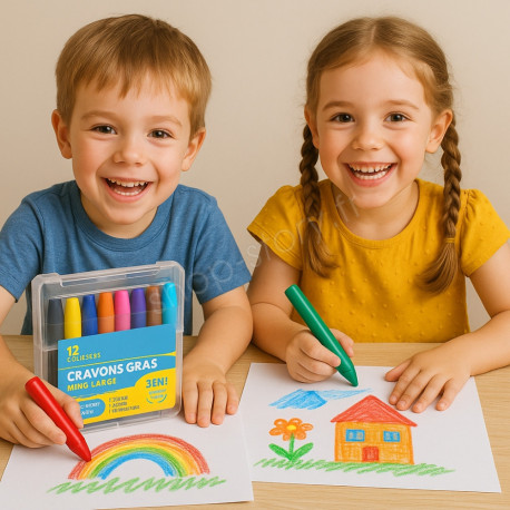 Boîte de 12 Crayons Gras Couleurs Assorties Mine Large pour Dessin Enfant École ou Activité Manuelle