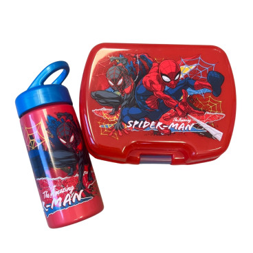Set Repas Enfant Spiderman avec Boîte à Gouter et Gourde 420ml Plastique Bleu pour Ecole et Sorties