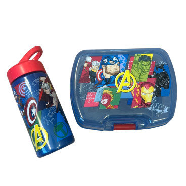 Set Repas Enfant Avengers avec Boîte à Gouter et Gourde 420ml Plastique Bleu pour Ecole et Sorties