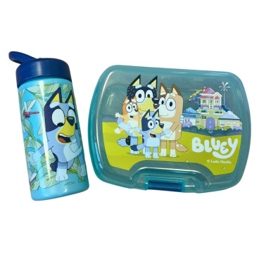 Set Repas Enfant Bluey avec Boîte à Gouter et Gourde 420ml Plastique bleu pour Ecole et Sorties