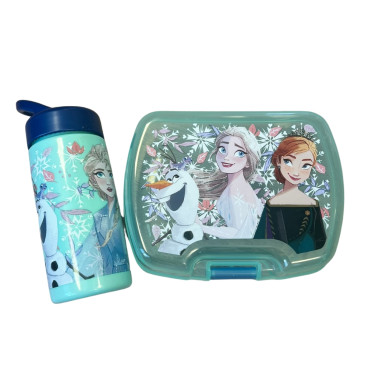Set Repas Enfant Reine des neiges avec Boîte à Gouter et Gourde 420ml Plastique vert clair pour Ecole et Sorties