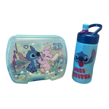Set Repas Enfant Stitch avec Boîte à Gouter et Gourde 420ml Plastique Bleu pour Ecole et Sorties