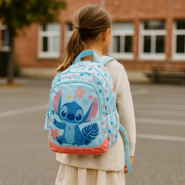 Sac à Dos Enfant Stitch 38cm Rose et Bleu avec 2 Compartiments Idéal École Primaire ou Sortie