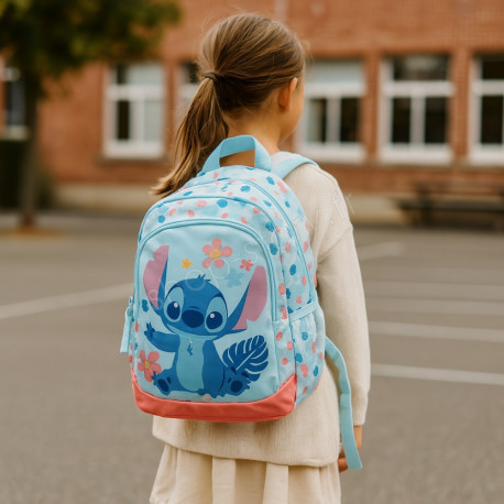 Sac à Dos Enfant Stitch 38cm Rose et Bleu avec 2 Compartiments Idéal École Primaire ou Sortie