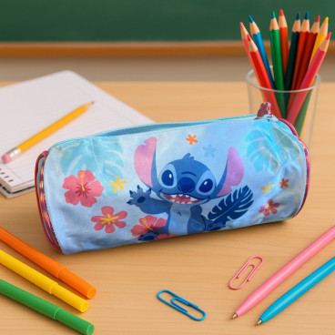 Trousse Enfant Stitch Forme Cylindre 23cm Grande Capacité Bleu et Rose Idéale pour l'École et le Bureau