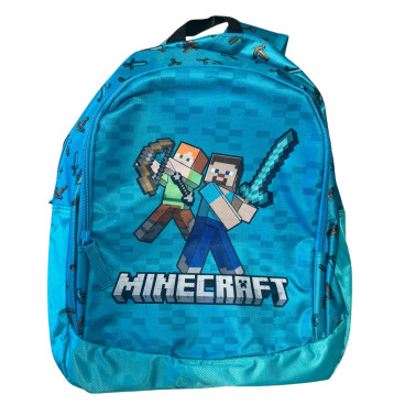 Sac à Dos Enfant Minecraft 38cm Bleu avec 2 Compartiments Idéal École Primaire ou Sortie