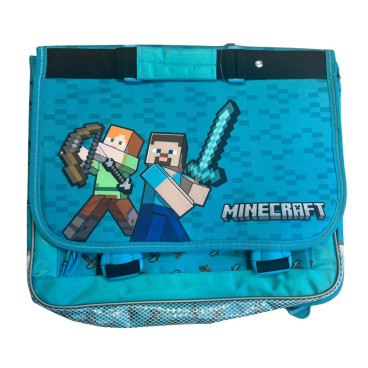 Cartable Minecraft 37 cm rose et violet avec 2 compartiments, poche frontale et bretelles matelassées