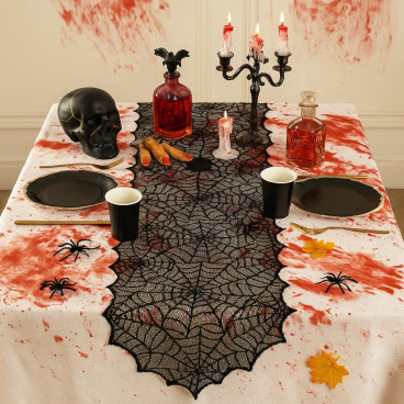 Pack de 2 Grands Chemins de Table Halloween Tissu Polyester Noir Motif Toile d'Araignée 183 x 45 cm Décoration