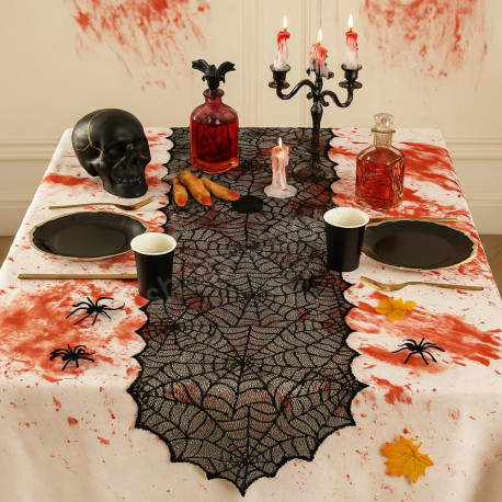 Pack de 2 Grands Chemins de Table Halloween Tissu Polyester Noir Motif Toile d'Araignée 183 x 45 cm Décoration