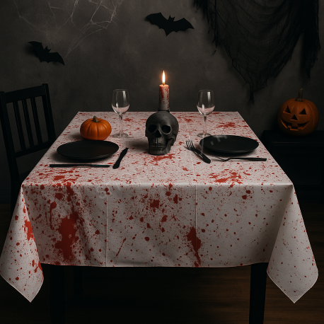 Grande Nappe Halloween Blanche Sanglante Motif Eclaboussures Rouges 245 x 75 cm Décoration
