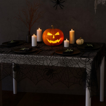 Pack de 2 Grands Chemins de Table Halloween Tissu Polyester Noir Motif Toile d'Araignée 183 x 45 cm Décoration