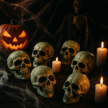 Lot de 6 Têtes de Mort 10 cm en Plastique à Poser ou à Suspendre Décoration Maison et Table Halloween