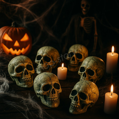 Lot de 6 Têtes de Mort 10 cm en Plastique à Poser ou à Suspendre Décoration Maison et Table Halloween