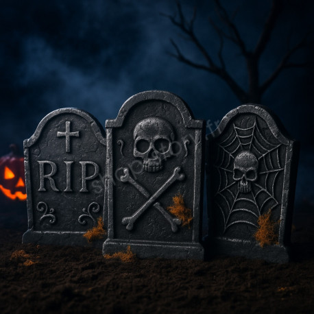 Lot de 3 Pierres Tombales RIP en Polystyrène 35 cm Modèle Aléatoire Décoration Halloween