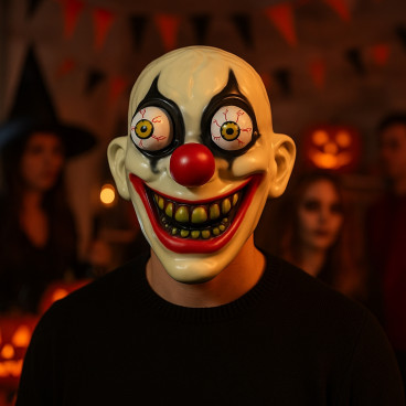 Masque Clown aux Yeux Exorbités Effrayant 25 cm pour Adulte Déguisement Halloween