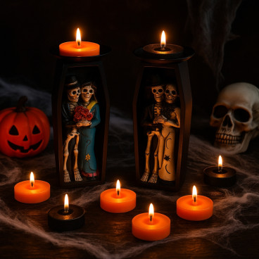 Grand Bougeoir Halloween 18cm en Forme de Cercueil avec Squelettes Couleur Aléatoire et 9 Bougies Chauffe Plats