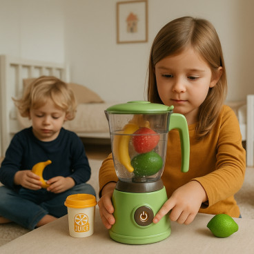 Jouet Blender Sonore et Lumineux, Fonctionnel avec Fruits et Tasse, Tourne Réellement, À Piles, Dès 3 Ans