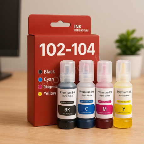 Pack de 4 Cartouches Compatibles EPSON 102-104 pour Imprimantes EcoTank ET L800 à EcoTank ET L14000 & ET2500 à ET 18100, 4x70ml Pack de 4 Cartouches Compatibles EPSON 102-104 pour Imprimantes EcoTank ET L800 à EcoTank ET L14000 & ET2500 à ET 18100, 4x70ml