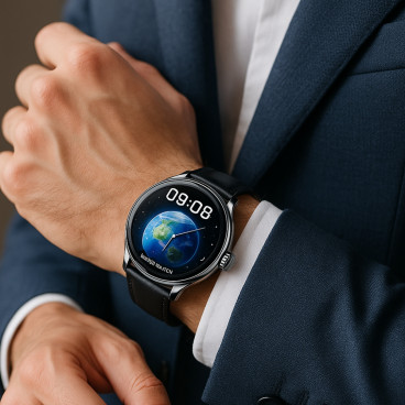 Montre Connectée, Écran AMOLED 1,57'' , Bracelet Cuir Noir, Bluetooth, Suivi Cardiaque, Pression, Activités , iOS & Android