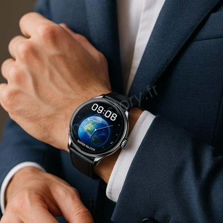 Montre Connectée, Écran AMOLED 1,57'' , Bracelet Cuir Noir, Bluetooth, Suivi Cardiaque, Pression, Activités , iOS & Android