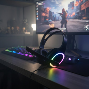 Casque Gaming PC LED Filaire avec Micro et Arceau Flexibles, Ecouteurs 40mm en Similicuir, Contrôle Volume et Lumières