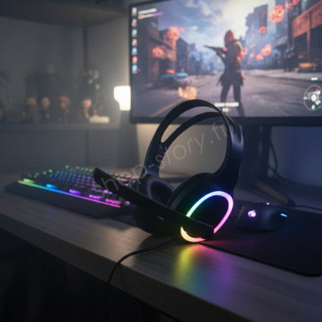 Casque Gaming PC LED Filaire avec Micro et Arceau Flexibles, Ecouteurs 40mm en Similicuir, Contrôle Volume et Lumières