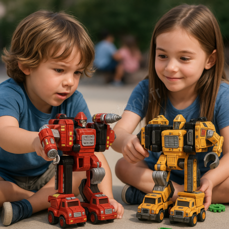 Robot Transformable 5-en-1 à Rétrofriction – Assemble 5 Véhicules de Chantier-Pompier en un Robot Puissant