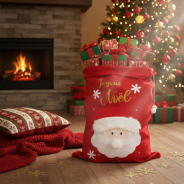 Grande Hotte de Noël XL 100x60 cm – Sac Cadeaux 3D Brodé “Joyeux Noël” avec Motif Père Noël, Décoration et Emballage Fêtes