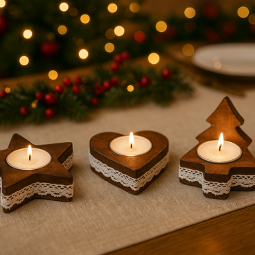 Pack de 4 Bougeoirs en Bois Noël 10cm – Décorations de Table Festives, Formes Aléatoires, Centre de Table Naturel