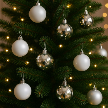 Pack de 24 Boules Polaires 60 mm Blanc/Argent – Décorations de Noël Prêtes à Suspendre pour Sapin, Table Festive