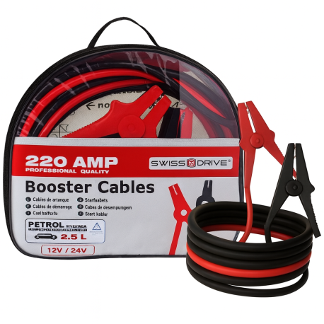 Câbles de Démarrage 220A 3Mètres– Pinces Renforcées, Section 18mm², Véhicules Essence jusqu’à 2.5L ou 3000cc, Sac de Transport